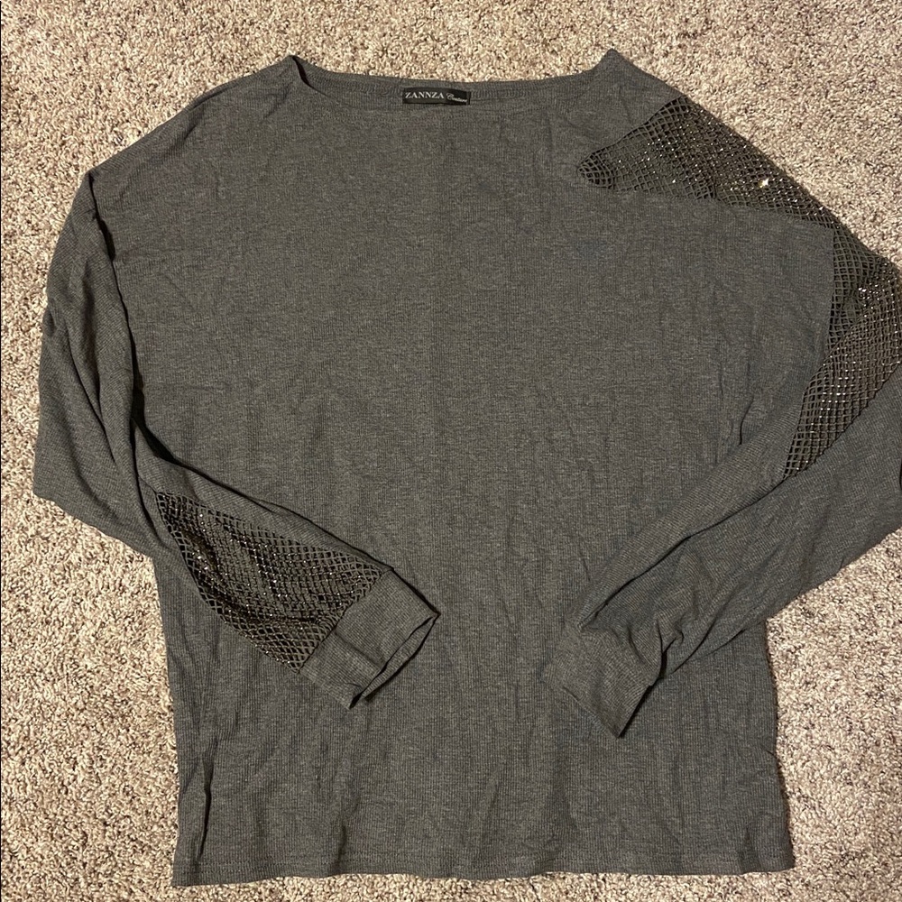 Gray long sleeve with sparkly mesh peek a boo sleeves